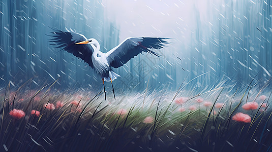 白鹭展翅飞翔下雨天图片