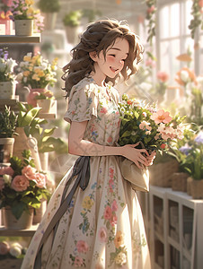 在花边买花的快乐女孩图片