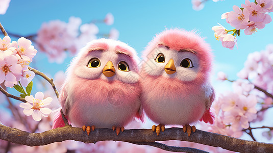 蹲在树枝上两只可爱的卡通爱情鸟图片