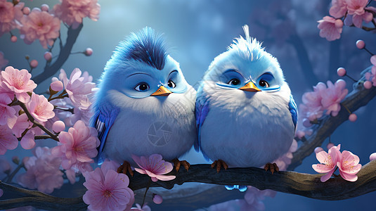 蓝色羽毛漂亮的两只可爱卡通小鸟在树枝上图片