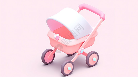 简约时尚粉色卡通婴儿BB车3D图标背景图片