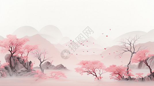 唯美诗意浅粉色中国风山水画插画