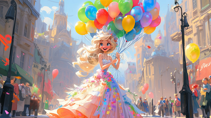 拿着气球在街上参加活动的可爱卡通小公主图片