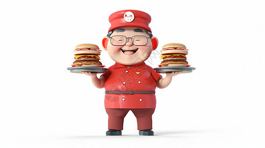 双手托举汉堡的可爱卡通送餐服务员图片