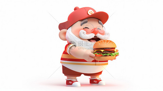 戴着红色帽子拿着汉堡的立体卡通老爷爷图片