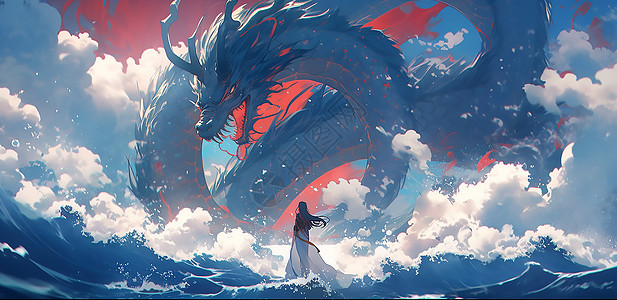 蛟龙号飞在海面上的神龙插画