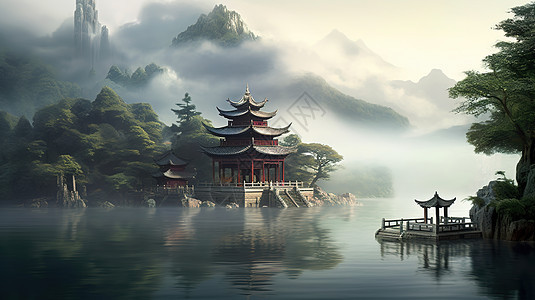 中式山水亭子图片