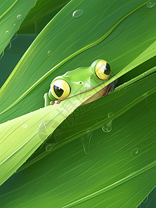 可爱的绿色卡通小青蛙趴在树叶上图片