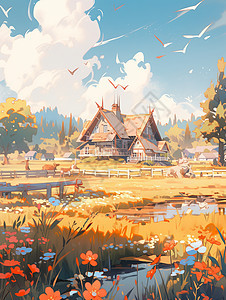 秋天草地上一座卡通小木屋小清新卡通风景图片