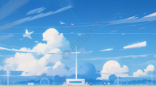 高高的云朵下一座白色小房子卡通风景图片
