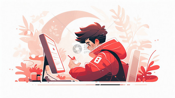 穿红色衣服在电脑前喝的卡通男青年图片