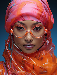 头戴纱巾和眼镜浓妆的时尚年轻女人图片
