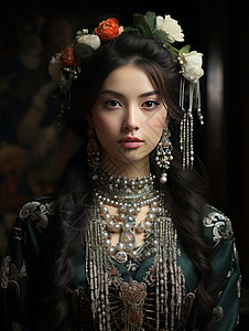 头戴花朵华丽服装的时尚年轻女人图片