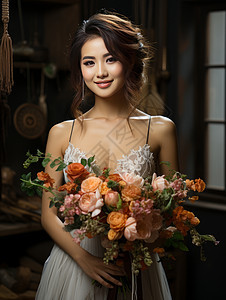 手捧花束穿性感婚纱微笑的年轻女人图片
