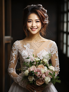 穿婚纱拿花束微笑的年轻女人图片
