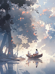 小船停泊在湖面上唯美卡通山水画图片