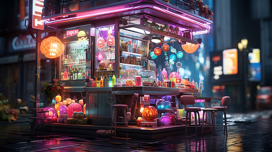 夜晚城市街角亮着炫彩霓虹灯的可爱卡通小商店图片