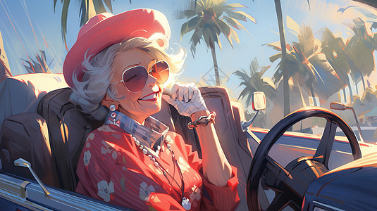 戴着红色帽子和墨镜开心开车的卡通老太太高清图片