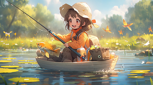 戴帽子的可爱小女孩坐在小船上钓鱼高清图片