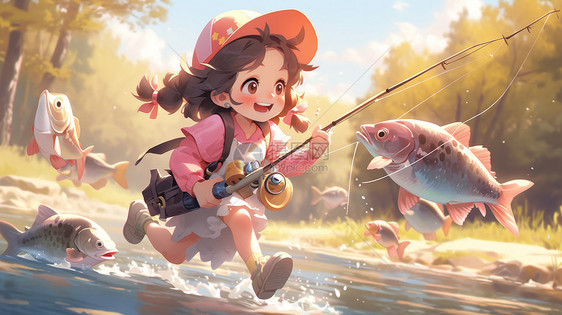 穿粉色衣服在河里奔跑钓鱼的可爱卡通小女孩图片