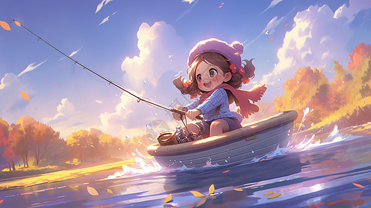 秋天坐在小船上开心钓鱼的可爱卡通小女孩图片