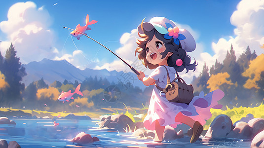 头戴花朵的可爱卡通小女孩拿着钓鱼竿奔跑在小河中图片