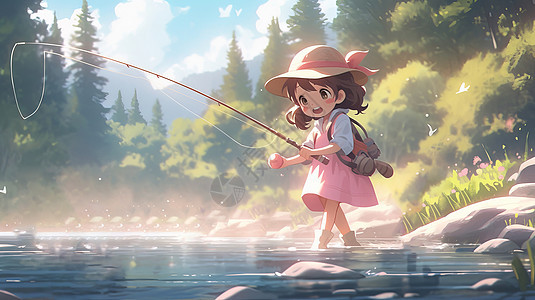 穿粉色裙子在小河中钓鱼的可爱卡通小女孩与宠物猫图片