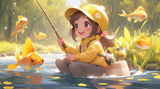 戴黄色棒球帽拿着钓鱼竿蹲在小河中的可爱卡通小女孩与鱼图片