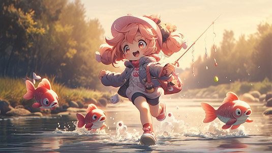 秋天与卡通小鱼奔跑在小河中的可爱卡通小女孩高清图片