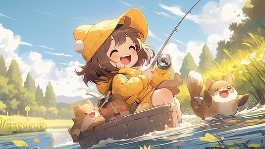 坐在小船上开心钓鱼的卡通女孩图片