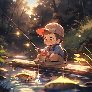 傍晚坐在河边钓鱼戴棒球帽的可爱卡通小男孩图片