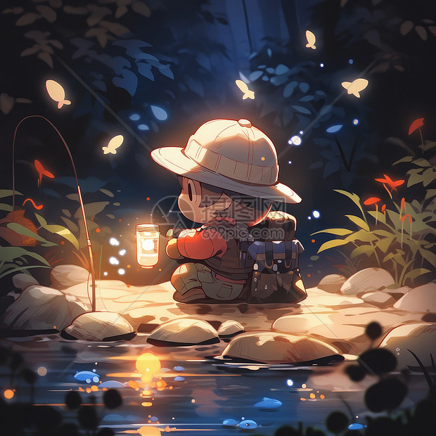 夜晚坐在小河边钓鱼的可爱卡通小男孩图片