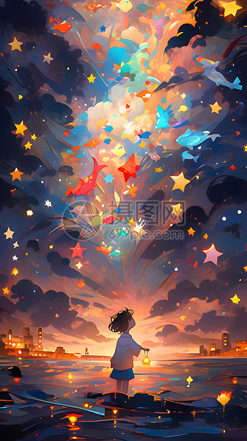 彩色唯美梦幻星空夜景人物氛围节日插画图片