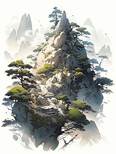 山顶上的树山顶上旁美丽的古风建筑卡通风景插画