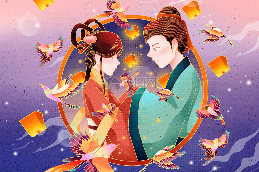 七夕情人节牛郎织女系列对视横板插画图片