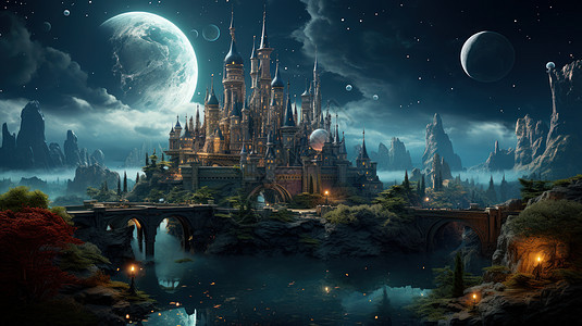 夜晚梦幻星球下欧式复古城堡图片