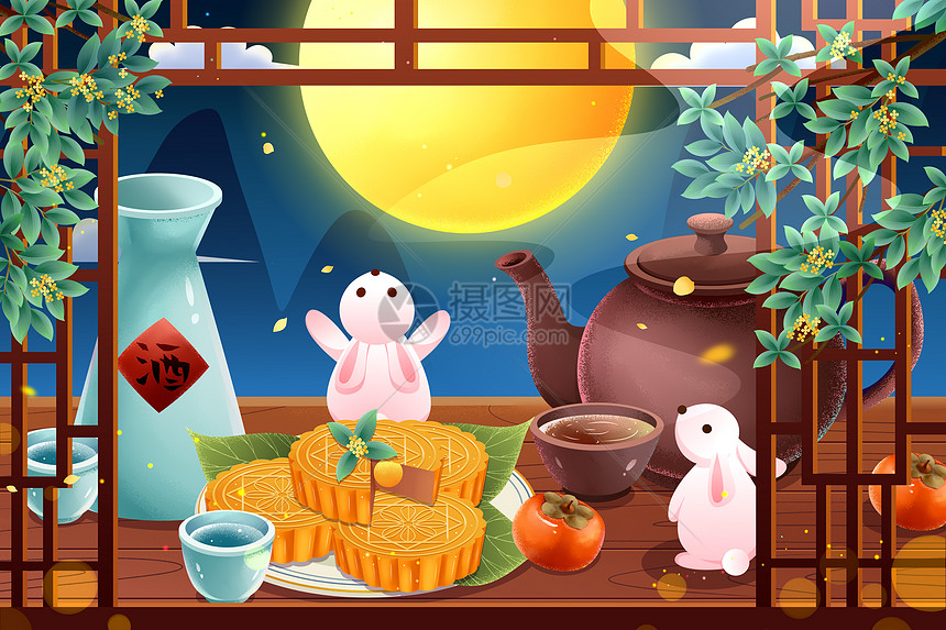 中秋之夜月饼与美酒清茶美食插画图片