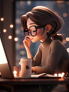 夜晚坐在电脑前办公的时尚卡通女人图片