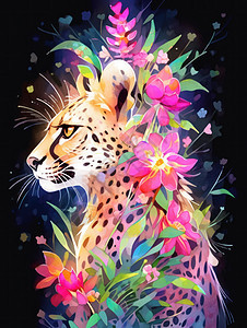 卡通粉色花朵与豹子图片
