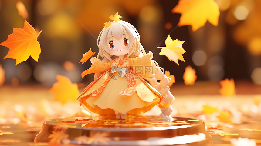 穿黄色公主裙站在落叶中的可爱卡通小女孩图片
