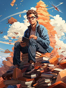 坐在书山上戴眼镜的卡通中年男人图片