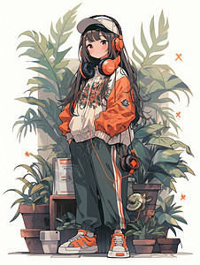 站在盆栽前穿运动装听音乐的可爱卡通女孩背景图片