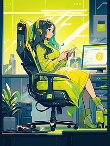 穿黄色长裙戴耳麦坐在办公椅上思考的时尚卡通女孩图片