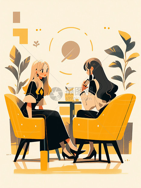 两个扁平风时尚卡通女孩坐在黄色椅子上开心交谈图片