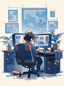 坐在工位前努力干活的卡通男孩背景图片