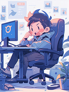 坐在电脑前努力干活的卡通男孩背景图片