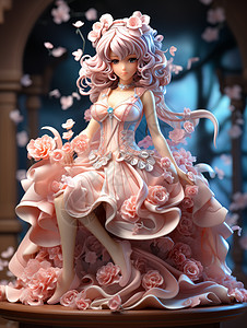 可爱的立体卡通小女孩穿粉色花朵公主裙IP形象图片