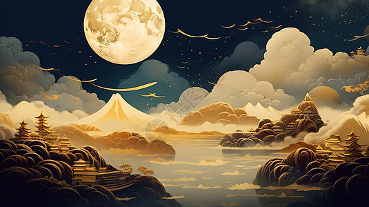 中秋节深色调金色月亮浮云图片