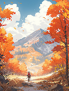 一个小小卡通人背着包在走向大山唯美风景图片