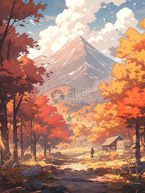 秋天山脚下美丽的卡通小乡村图片